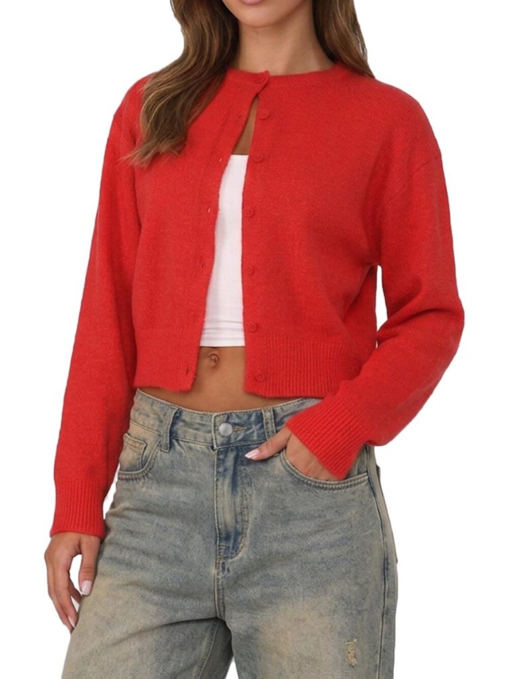 Women Y2K Button Front Crop Sweater Cardigan Solid Color Crew Neck Long Sleeve